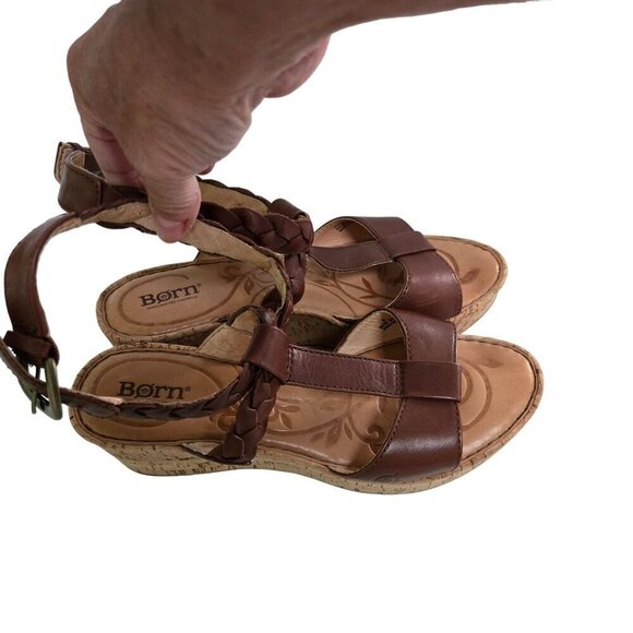 Born Laurene In Saddle Brown Braided Leather Cork Wedge Sandals Size 9 - Picture 5 of 10